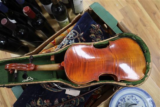 A German three-quarter size violin and bow, cased